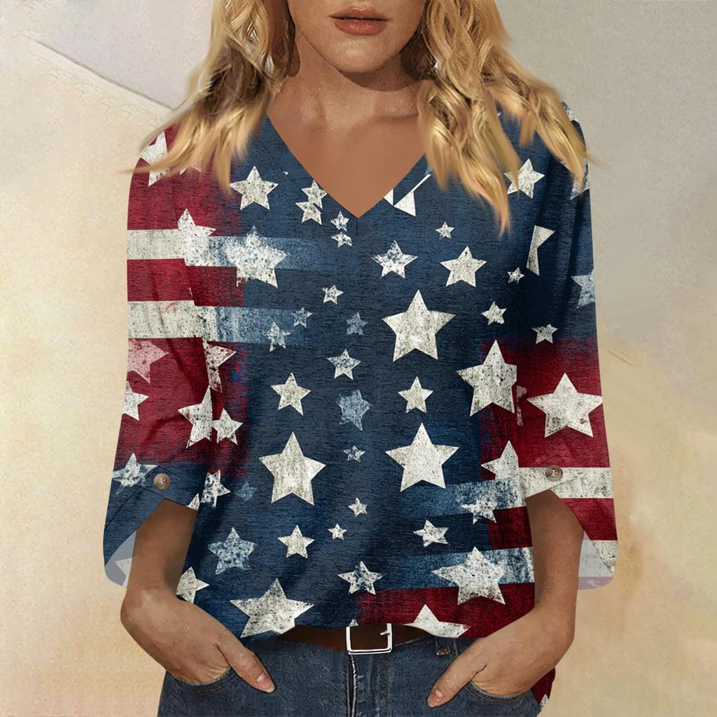 Womens Casual V Neck Three Quarter Sleeve T Shirt Top with Independence Day Inspired Print Loose Fit Lightweight Blouse for Daily Wear