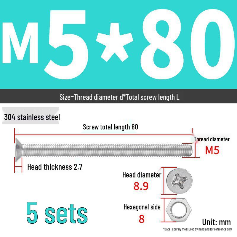 304 Stainless Steel Extra Long Phillips Flat Head Screws and Nuts Set (2M, 3M, 4M)