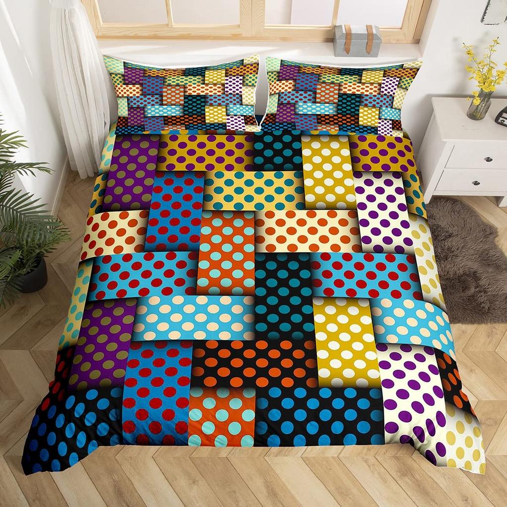 Colorful Dots Bedding Set Geometry Comforter Cover Set for Girls,Pink Yellow Green Red Purple Circle Print Duvet Cover Polyester