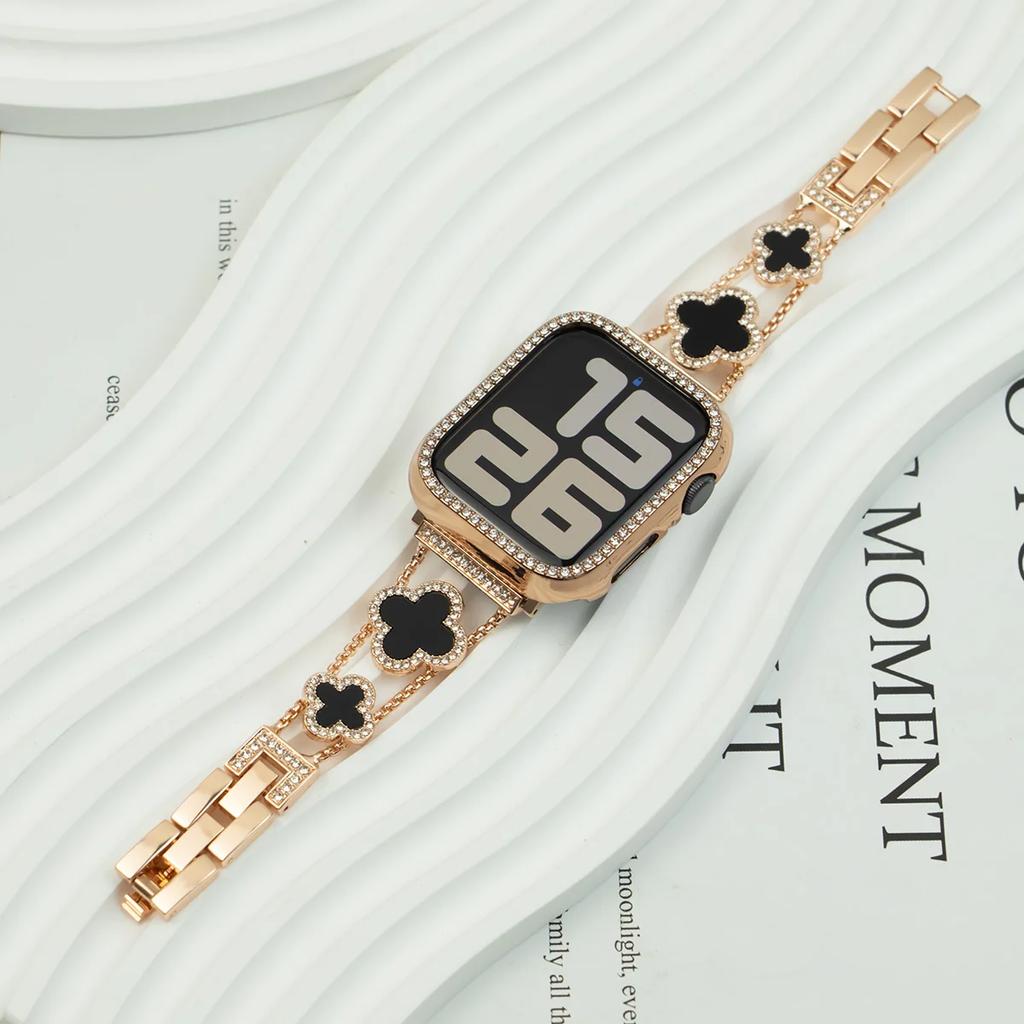 Armband Metallband + Gehäuse Damen Diamantarmband Vierblättriges Kleeblatt für Apple Watch Band Ultra2 49 44 45 42 40 38mm Serie 9 8 7 SE 6 5 4 3