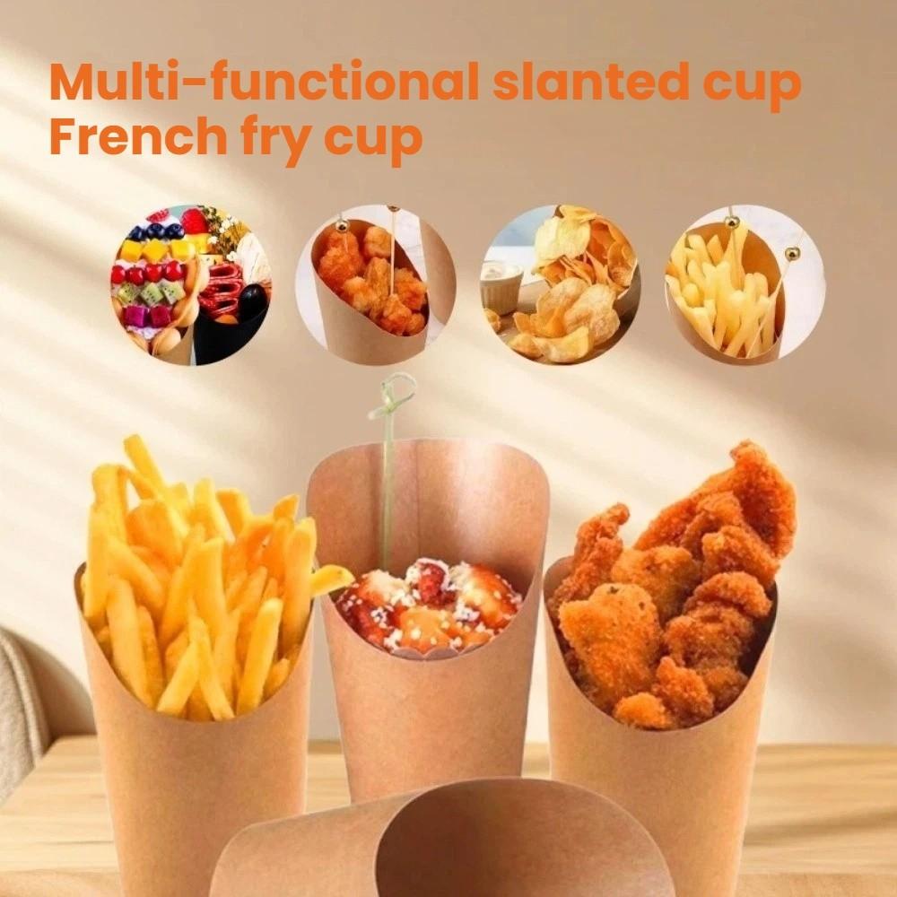 50PCS Oil-proof Disposable French Fry Cup Thickened Water Proof Kraft Paper Slanted Mouth Cup Eco-Friendly Multi-functional