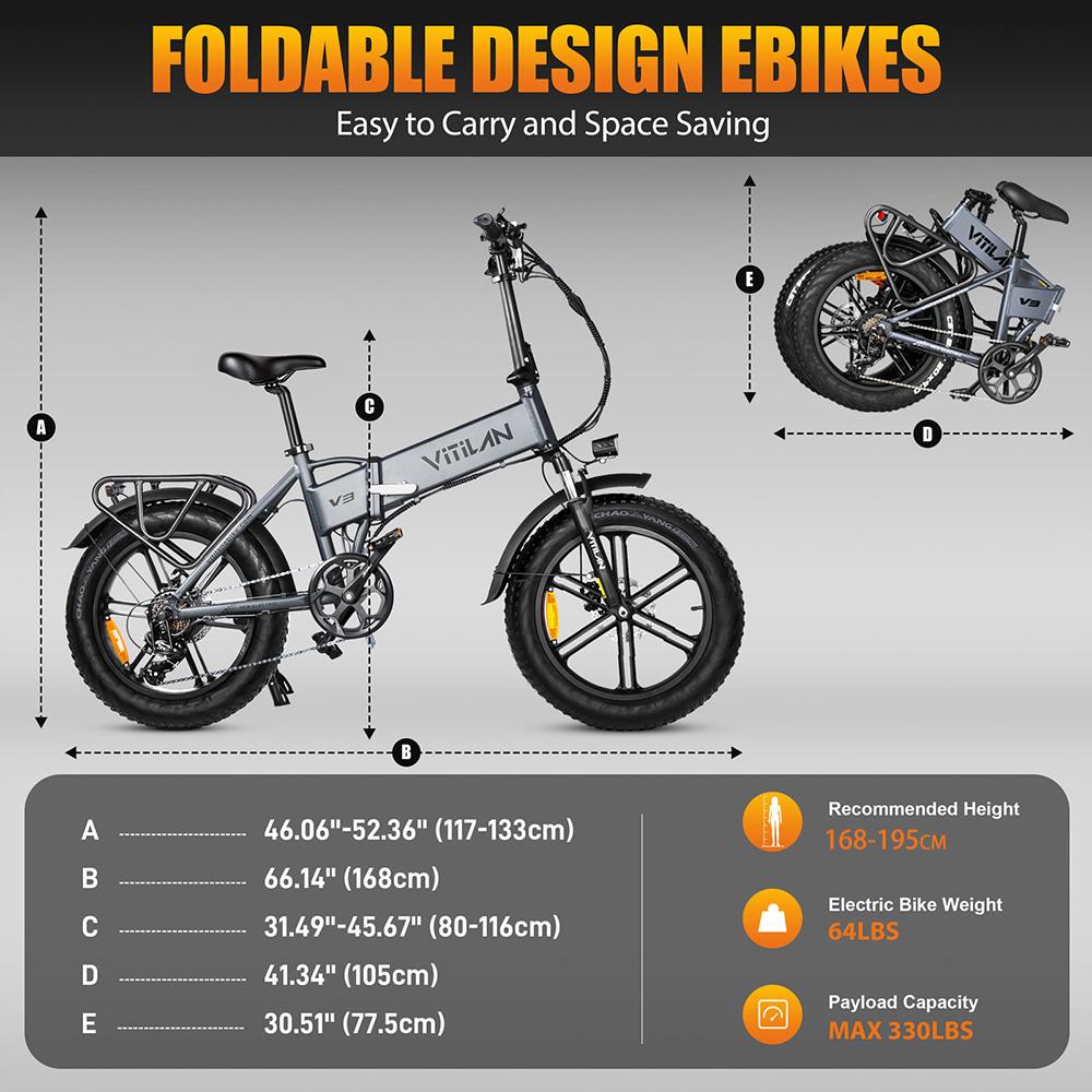 VITILAN Bicicletta Elettrica V3 20"x4.0" Motore di Picco 1200W Freno a Disco Idraulico 7 Velocità City E-Bike 48V 13AH Display LCD Velocità Massima 45Km/h
