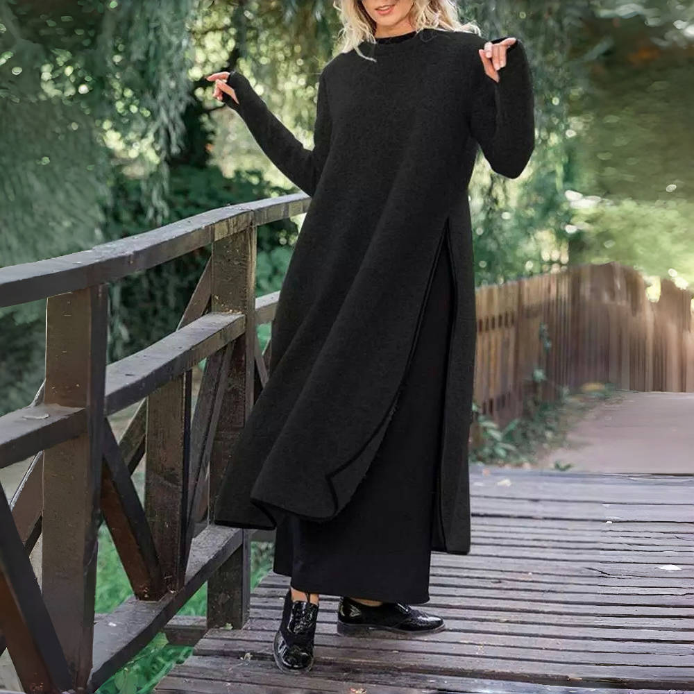 

Женская мода весна осень однотонный принт длинный рукав О-образный вырез свободная талия повседневные платья XXXXXL чёрный