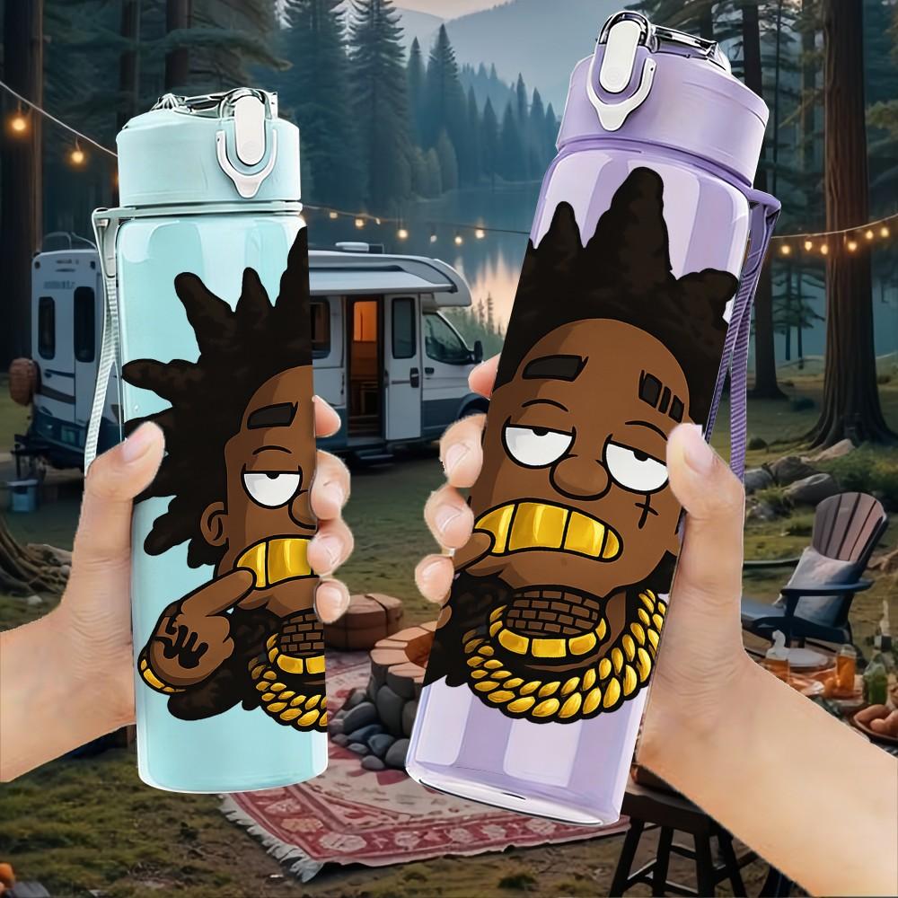 1PC Afro Boy Hip Hop Character Print 750ml Color Plastic Sports Water Bottle Leakproof Flip Straw Lid Suitable for Sports Office Home Use