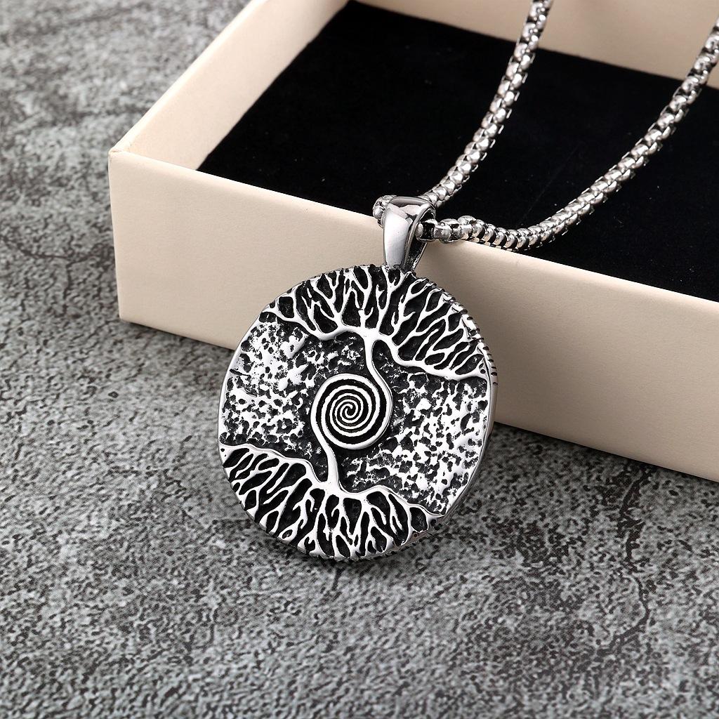 Vintage Stainless Steel Men's Necklace Double Sided Viking Tree Of Life Pendant