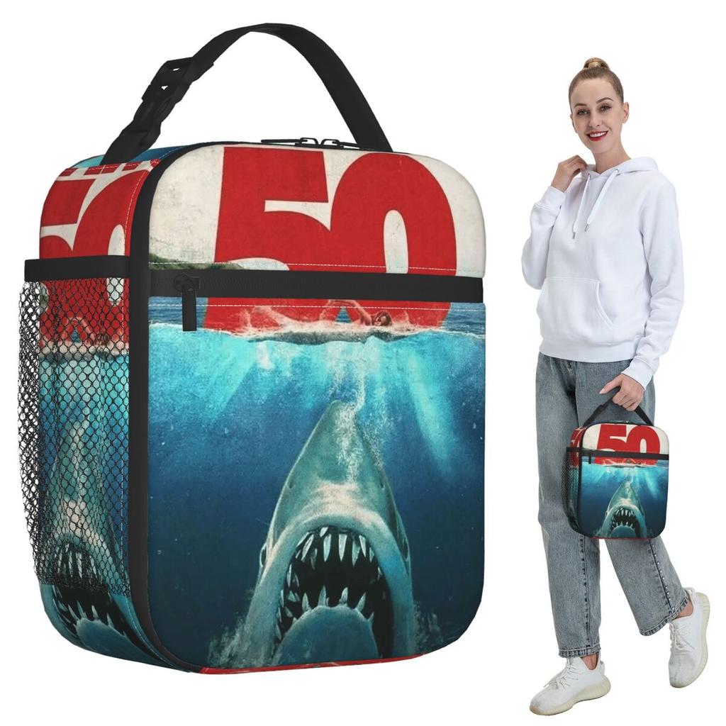 Jaws 50th Anniversary Logo Insulated Lunch Bag for Women Office Cooler Thermal Food Box Tote Portable Lunch Boxes Container