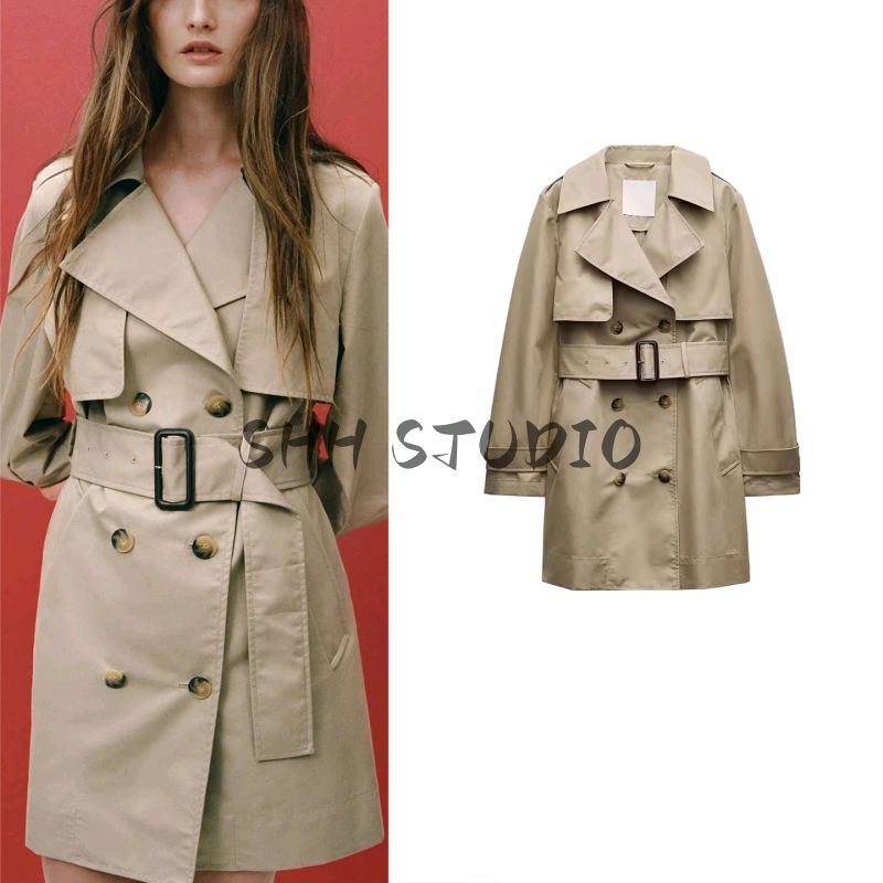 Fall New Women's Clothing French Simplicity Lapel Long Sleeves Double Breasted with Belt Trench Coat Outwear 0518246
