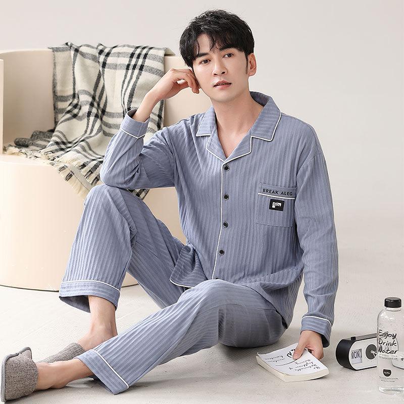 Pajamas Men'S Spring And Autumn Cotton Long Sleeve Autumn Cotton Cardigan Casual Suit Autumn Loungewear