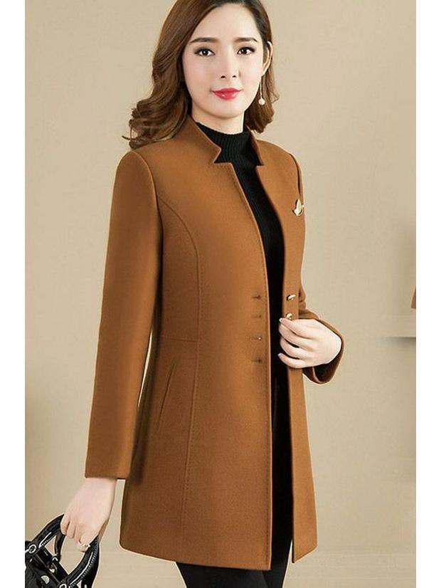

Женское шерстяное пальто средней длины приталенного силуэта с коротким воротником-стойкой для осени/зимы Large