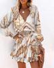 Trendy Women's Print V-Neck Waist-Cinching Dress with Long Sleeves