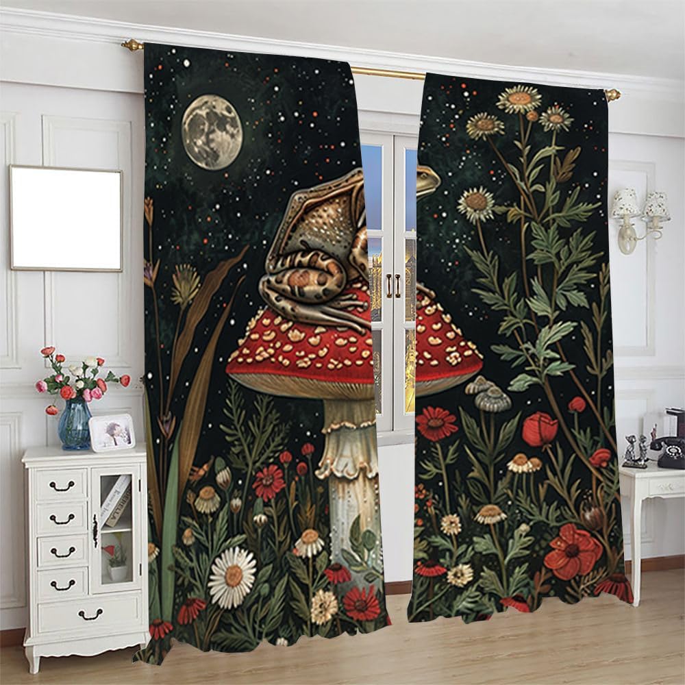 Vintage-Verdunkelungsvorhänge mit Pilz-, Frosch- und Blumenmuster im rustikalen 70er-Jahre-Aquarellstil, Frühlingsgarten-Vollmond-Print, perforiert für Wohnzimmer