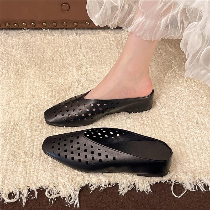 Square Toe Shallow Mouth Air Leakage Hole Soft Sole Non-slip Low Heel Shoes Summer New Baotou Soft Sole Slippers