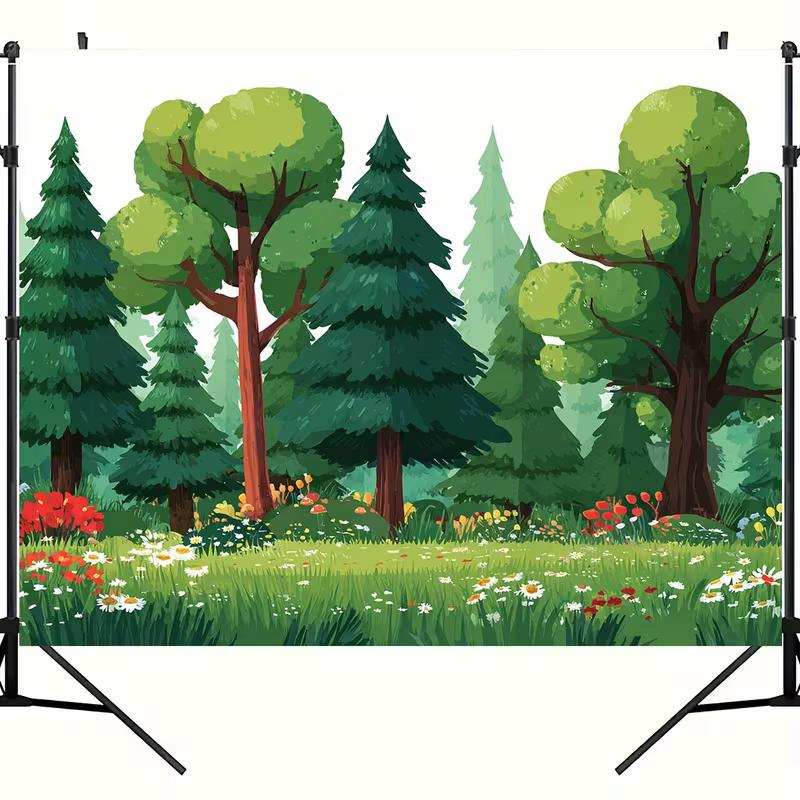 2D Flat Printing Cartoon Forest Tapestry, Featuring Round and Pine Trees with Wildflowers on a Bright Meadow