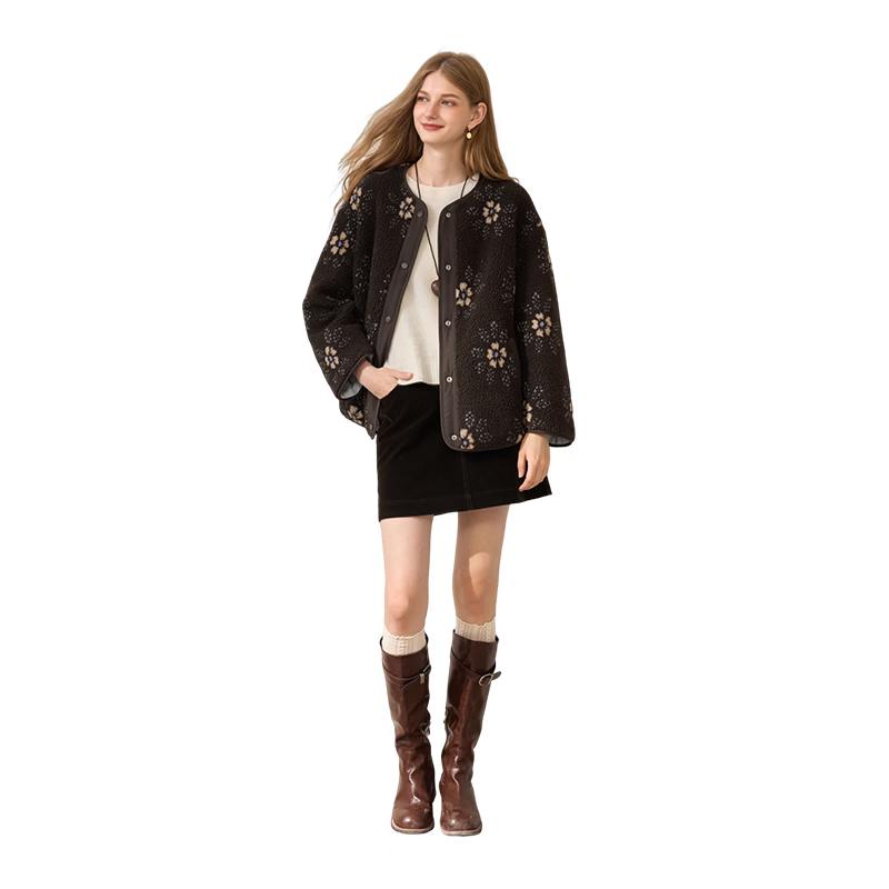 Xiangying Women s Maillard Brown Floral Reversible Faux Lamb Wool Jacket L
