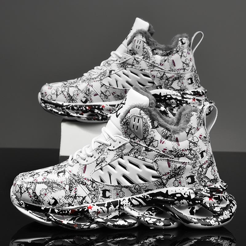 Men's Plus Size Winter Trainers with Fleece Lining, Twisted Sole, Versatile Graffiti-Print Casual Shoes