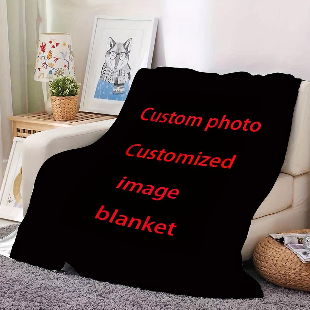 1pc Custom Photo Blanket - Personalized Flannel Throw with Black Background and Red Text - Perfect Gift for Family, Weddings, Bi