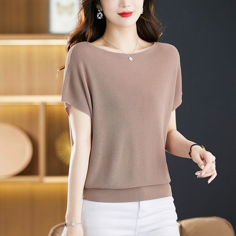 Summer Women Simple Commuting Versatile Loose Ice Silk Short Sleeve T-shirt Women's Solid One Line Neck Bat Sleeve Top Plus Size