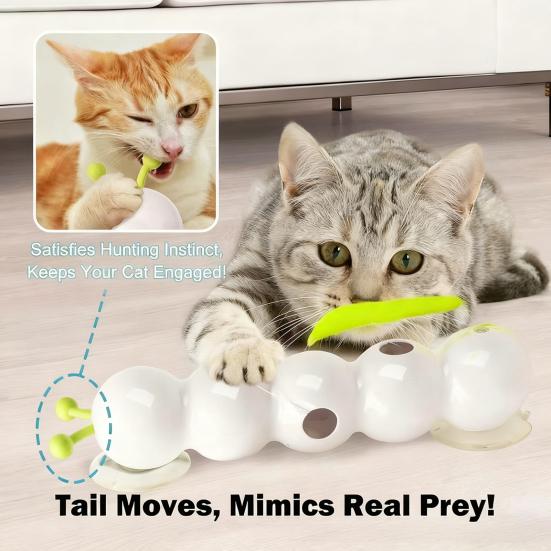 Interactive Caterpillar Cat Toy Rechargeable Motion Activated Whack-a-Mole Toy with Suction Cup Automatic Fluffy Cat Teaser with 2 Tails