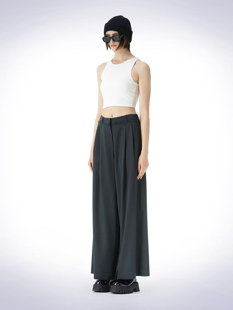 HAUS072C Waist Detail Wide Wool Pants Dark Green