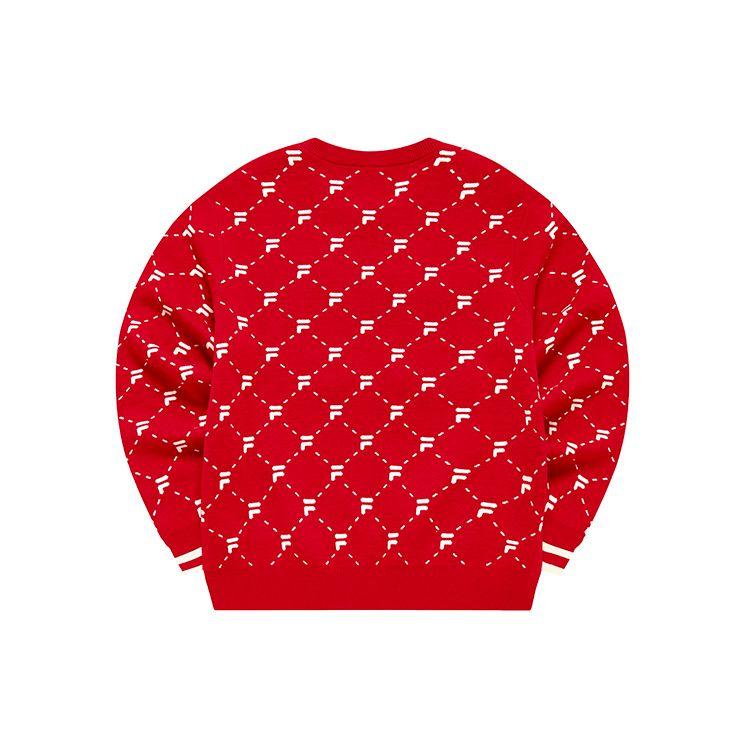 FILA Fusion Logo All Over Print Casual Round Neck Loose Long Sleeve Sweater Women sweater Pomegranate-Red T11W243406FRD