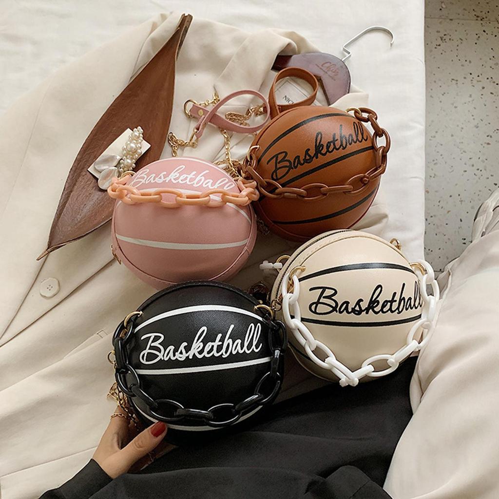 Small Basketball Shaped Handbags Leather Chain Round Tote Graphic travel School Leisure Vacation