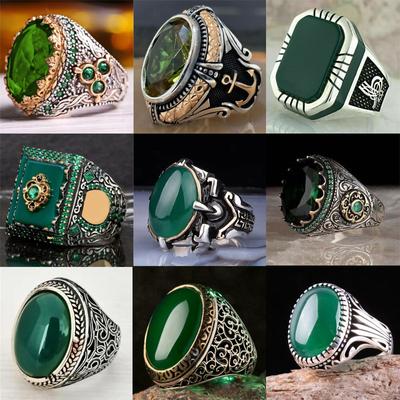 Vintage Turkish Signet Ring For Men Women Antique Silver Color Carved Eagle Ring Inlaid Green Zircon Locomotive Punk Ring