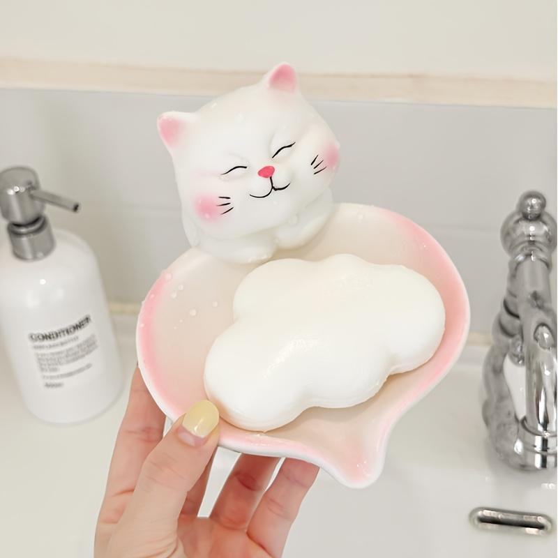 1pc Cute Cat Soap Dish - Bathroom Countertop Organizer with Drainage, Non-Slip Base, Pastel Pink & White Decor - Soap Holder