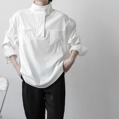 Women Shirt Half-High Collar Buttons Half Closure Long Sleeve Shirt with Pockets Solid Color Loose Fit Pullover Tops