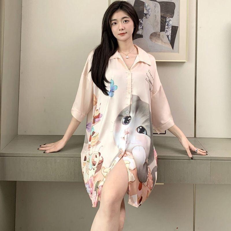 Cămașă Mânecă Scurtă Cămașă de Noapte Sexy pentru Femei de Lungime Medie pentru Acasă cu Imprimeu Pisică