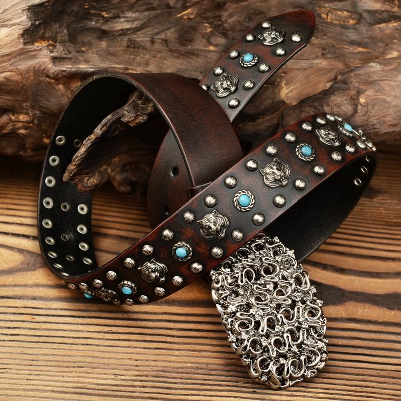 

Retro Heavy Metal Rivets Men s Belt Harley Locomotive Rock Punk Style Personality Belt Extra Thick Genuine Leather Jeans Belt AB 125cm коричневий