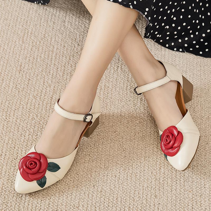 Fashion GKTINOO Women Mother Ladies Female Genuine Leather Sandals Shoes Platform Summer Cool Beach Retro Flowers High Heel Buckle Strap
