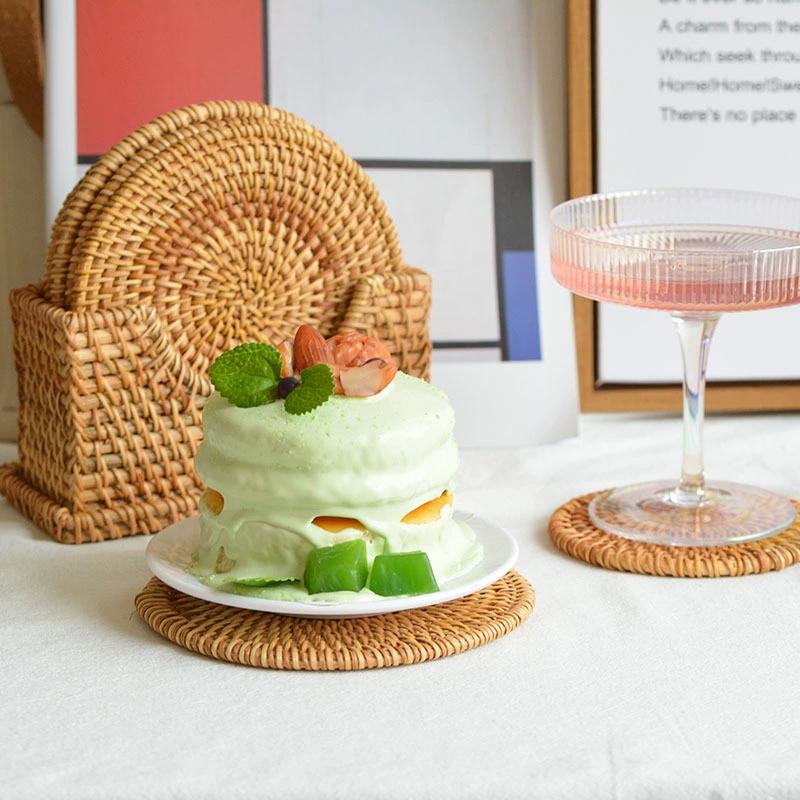 6PCS Cup Mat with Storage Basket Durable Handmade Rattan Coasters Non-Slip Heat Resistant Tea Coffee Mug Holder for Table Decor