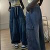 Frühling Vintage Baggy Jeans Elastische Taille Frauen Übergroßen Amerikanischen Casual Denim Breite Bein Hosen Mode Streetwear Gerade Grundlegende Hosen Y2k