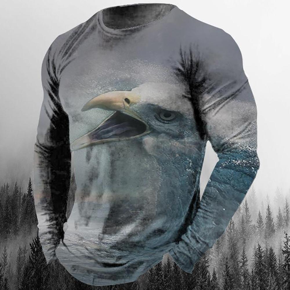 Men's Eagle Graphic Print Casual Long Sleeve T-Shirts Autumn Streetwear 3D Animal Print Hip Hop Tops