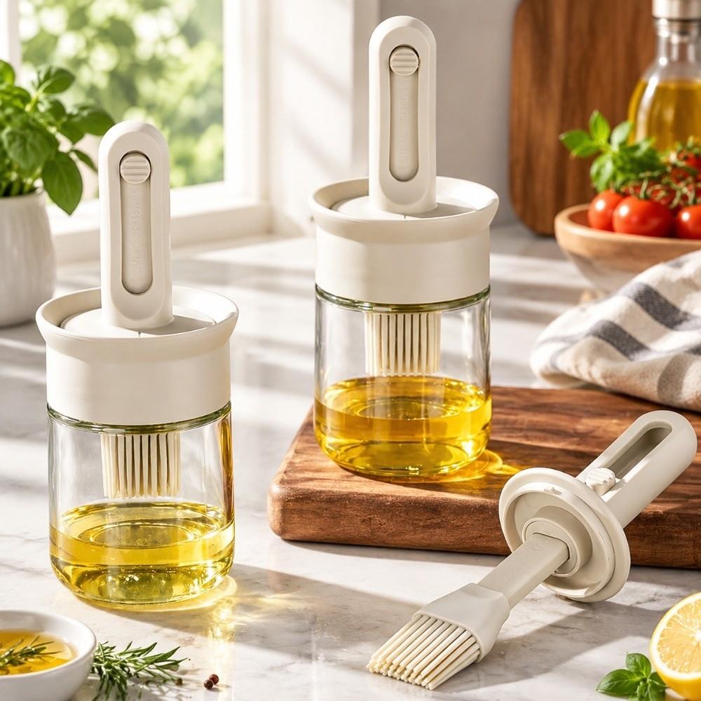 Retractable Oil Dispenser Heat-Resistant Oil Container Oil Jar with Built-in Oil Brush Household