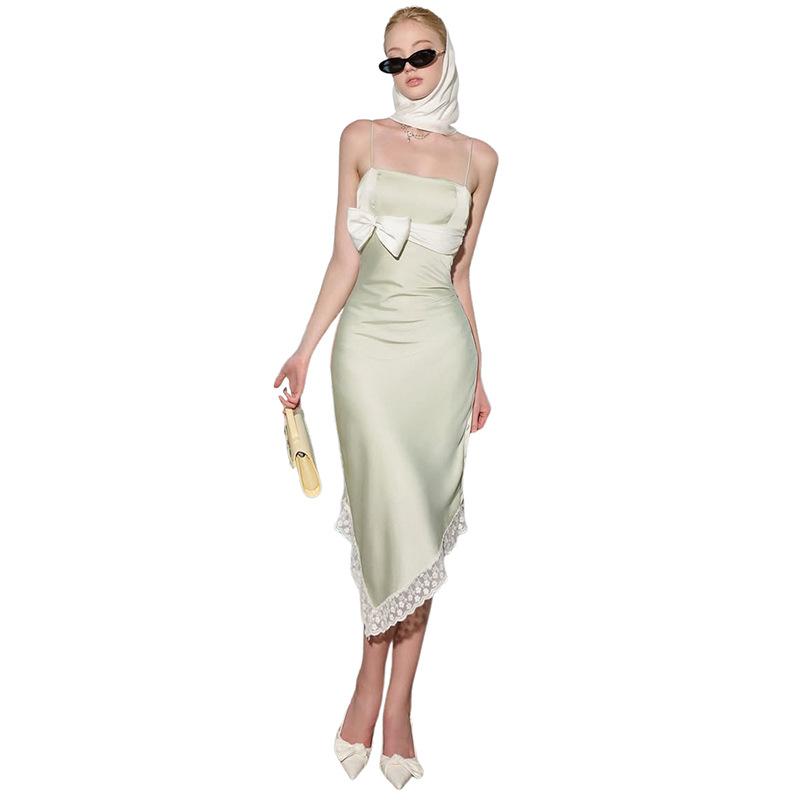 2026 European and American summer new elegant temperament wind solid color lace bow suspender tube top dress women