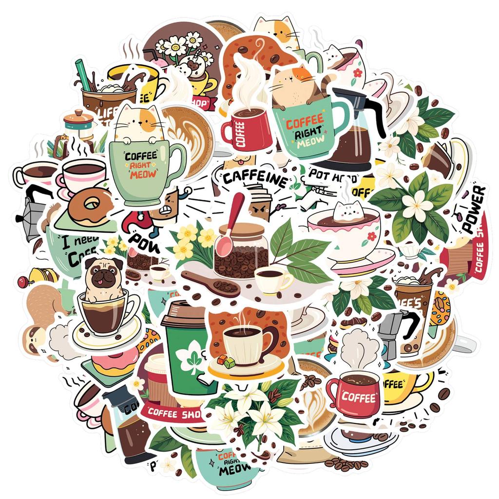 35pcs-50pcs Cartoon Beverages Stickers Cute Coffee  Stickers DIY Stickers For DIY Phone Laptop Scrapbook Bike Guitar