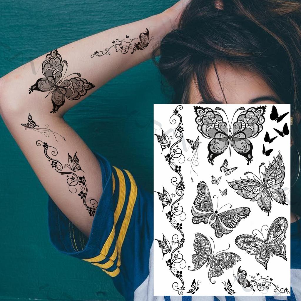 YURAN Women Girl Big Arm Owl Fake Tattoo Temporary Henna India Tatoo Stickers Custom Mandala Flower Black Turtle Tattoos Lace