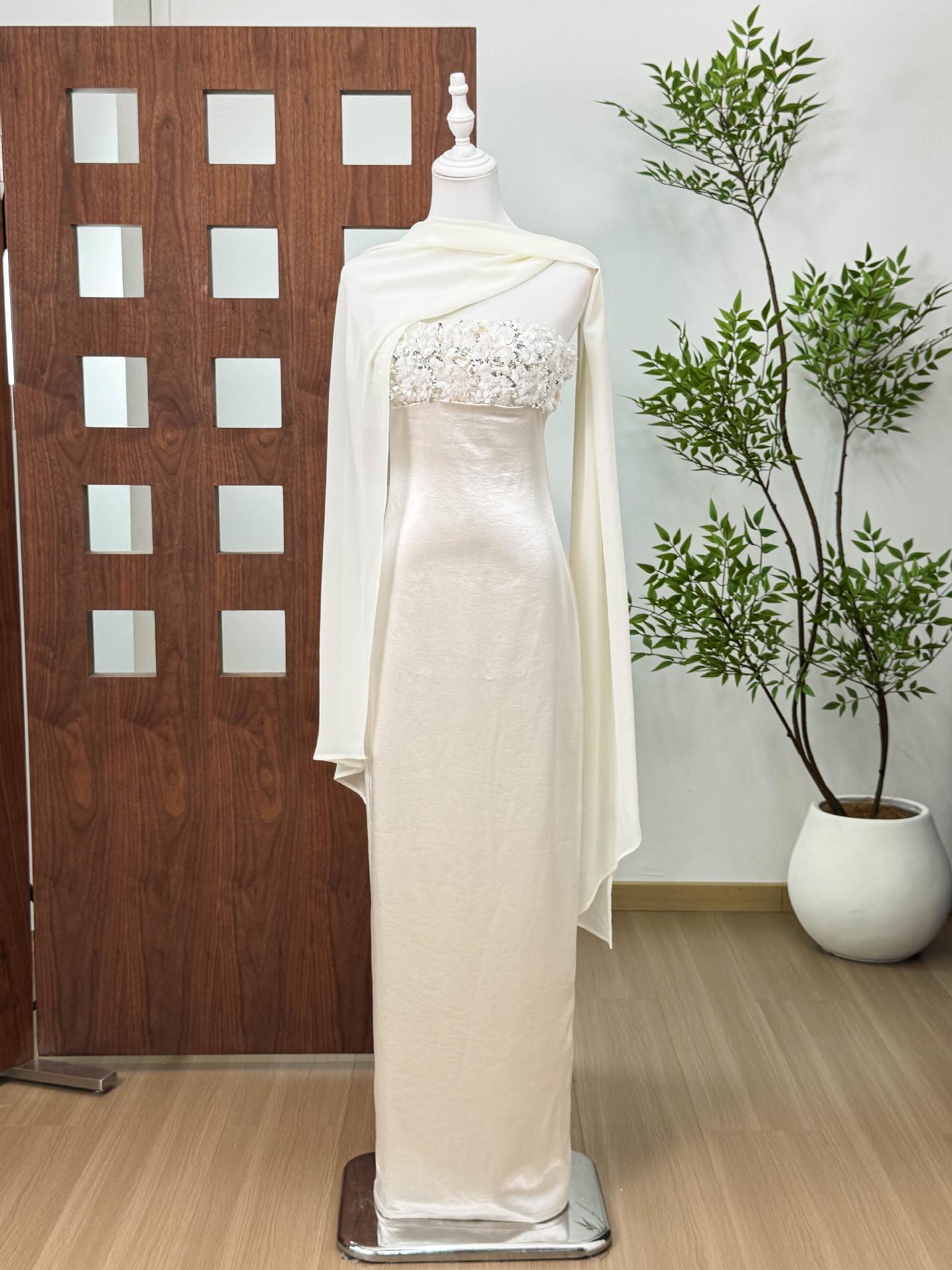 Новое платье 2026 года, белое вечернее платье без бретелек, усыпанное пайетками, с накидкой - Стройнящее и элегантное Large абрикосовый