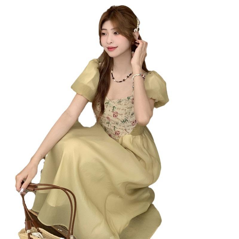 French summer dress new sweet small light and ripe floral dress waist and thin a word medium and long dress