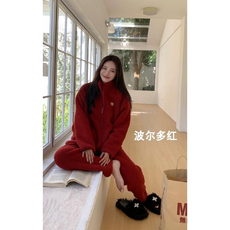 11 Thickened Couple Pajamas Lamb Wool Loungewear Women's Winter Thermal Stand-up Collar Zipper Outer Wear Set