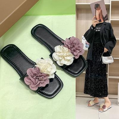 Internet Celebrity Fairy Style Temperament Fashion Flower Sandals 2024 Summer New New Chinese Flat Bottom One Word Slippers
