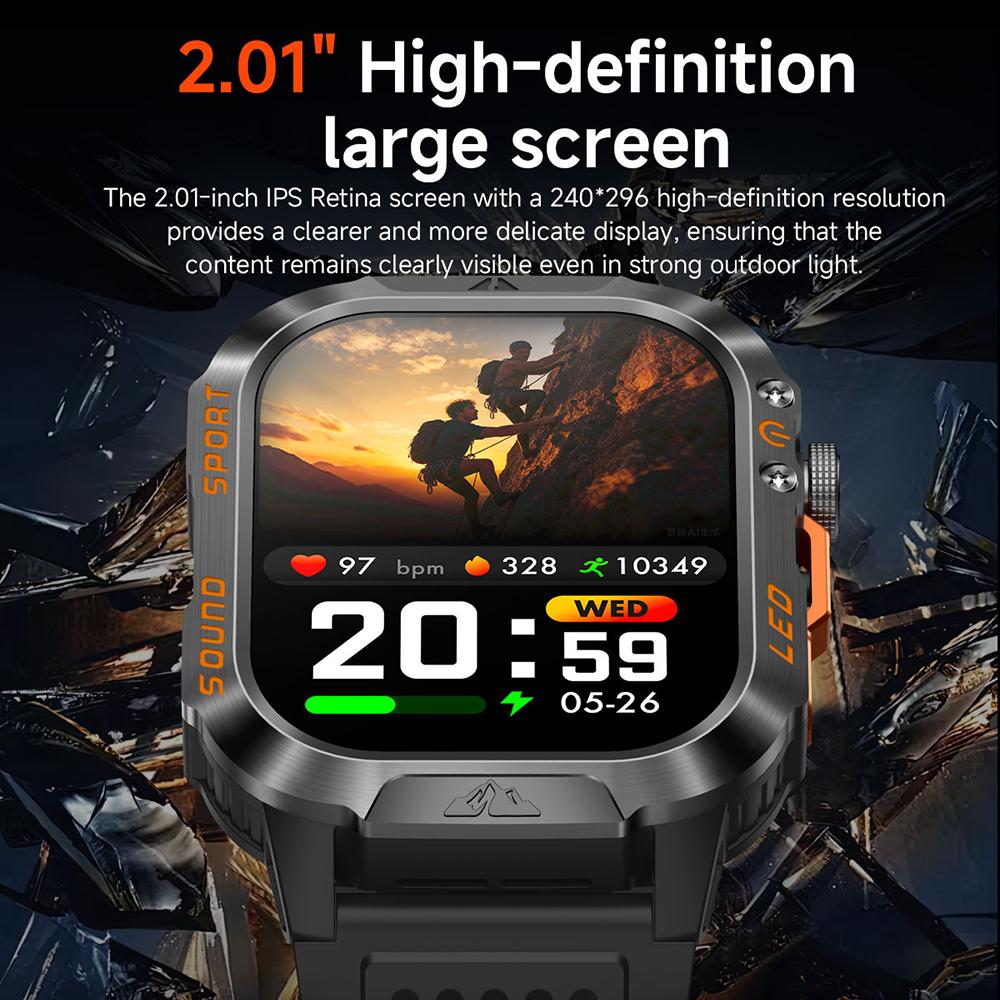 1200mAh Military Outdoor Smartwatch Men LED Flashlight Waterproof GPS Track Sports Watch 2.01-inch BT Call Smart Watch HT30