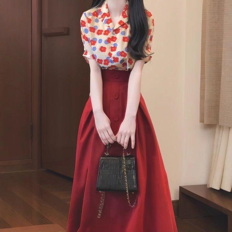 Plus-Size Retro Red Floral Print Shirt and High-Waisted Skirt Set