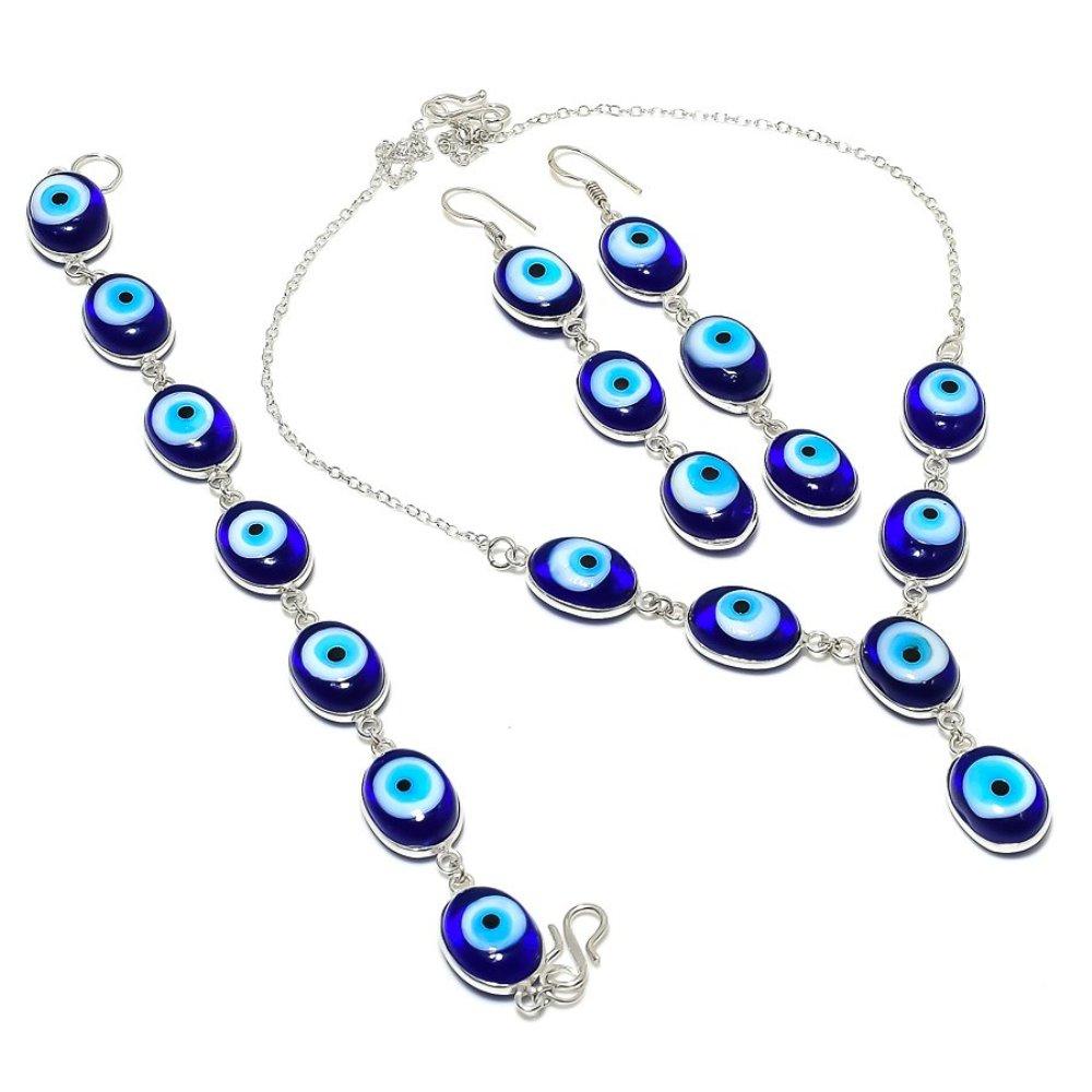 Blue Evil Eye Gemstone Handmade 925 Sterling Silver Jewelry Set v4V62