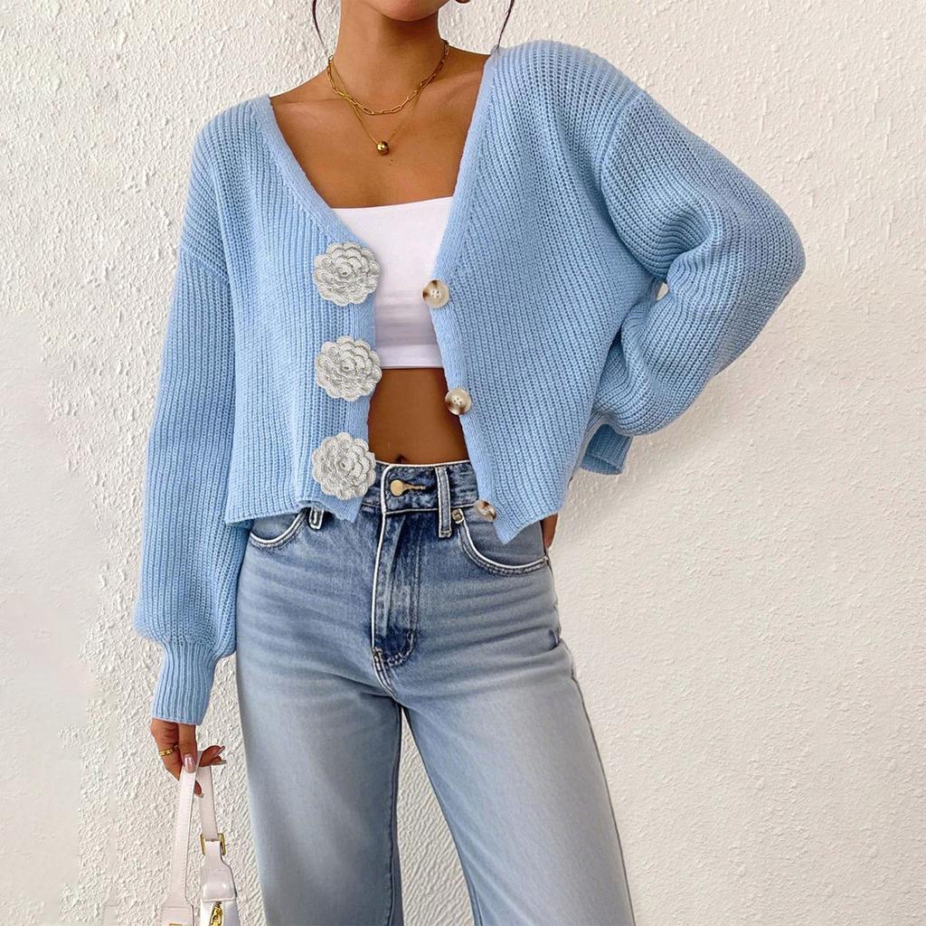 Women's Solid Color Button-Up Cardigan Deep V-Neck Short Loose-Fitting Jacket Casual Top