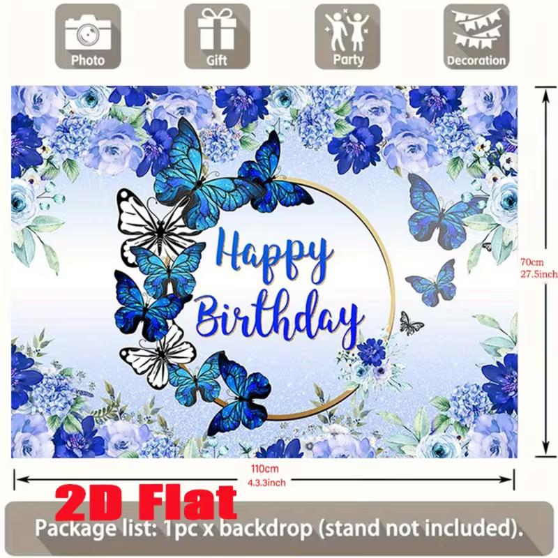 Whimsical Butterfly Birthday Backdrop, Delicate Blue Design with Butterflies and Flowers, Festive and Elegant Party Wall Decor