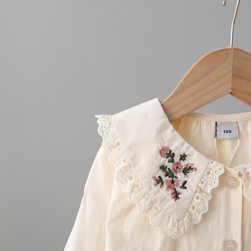 Beige Bluse für Kleinkind Mädchen mit Blumenstickerei und Spitze Peter Pan Kragen Frühling Herbst 2-6 Jahre Mädchenbekleidung