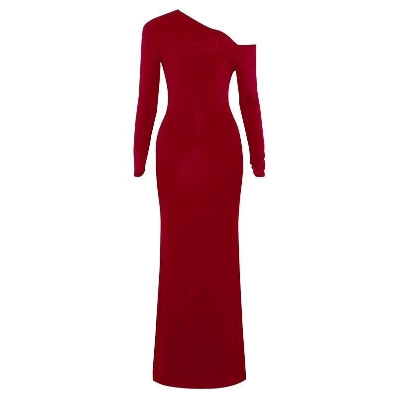 

Fashion New Arrival Sexy Diagonal Collar Sunken Stripe Pure Color Tight Dress Sexy Slanted Collar Dress Red L