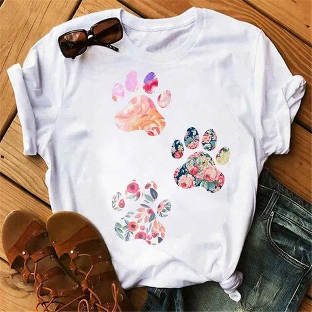 Women's Large Size Short Sleeve Crewneck T-Shirt Cartoon Hand-Painted Dog Paw Print Warm Polyester Fabric Summer Fashion